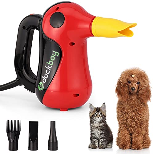 DUCKBOY Dog Dryer, Compact High Velocity Pet Hair Dryer with 2HP Adjustable Speed and Temperature (35°C-70°C), Portable Dog Hair Force Dryer Blower for Grooming, Noise Reduction, 3 Nozzle