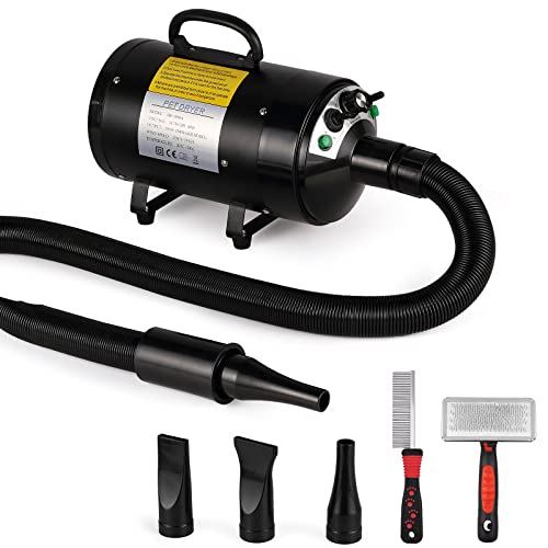 Dog Hair Dryer, DUCKBOY Professional 3.2HP/2800W High Velocity Dog Fur Blower with Adjustable Speed and Temperature, 3 Different Nozzles for Pet Dog Cat Grooming Dryer, Low Noise, Black
